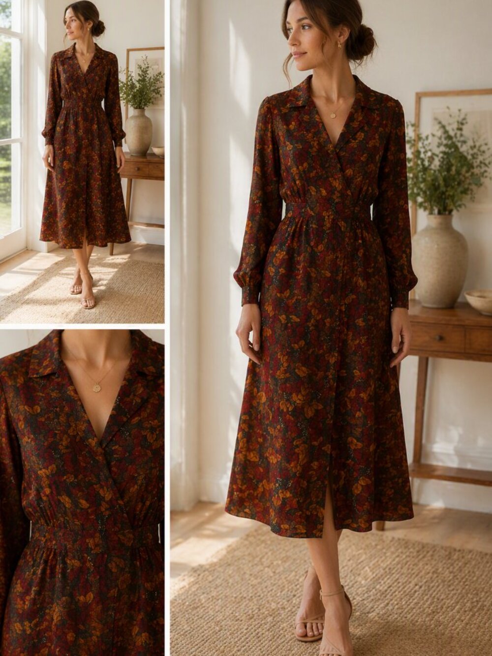 Vintage Talbots Burgundy Silk Long Sleeve Wrap Midi Dress